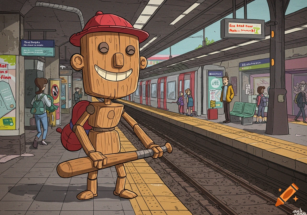 A cartoon wooden man holding a baseball bat stands on a train station platform