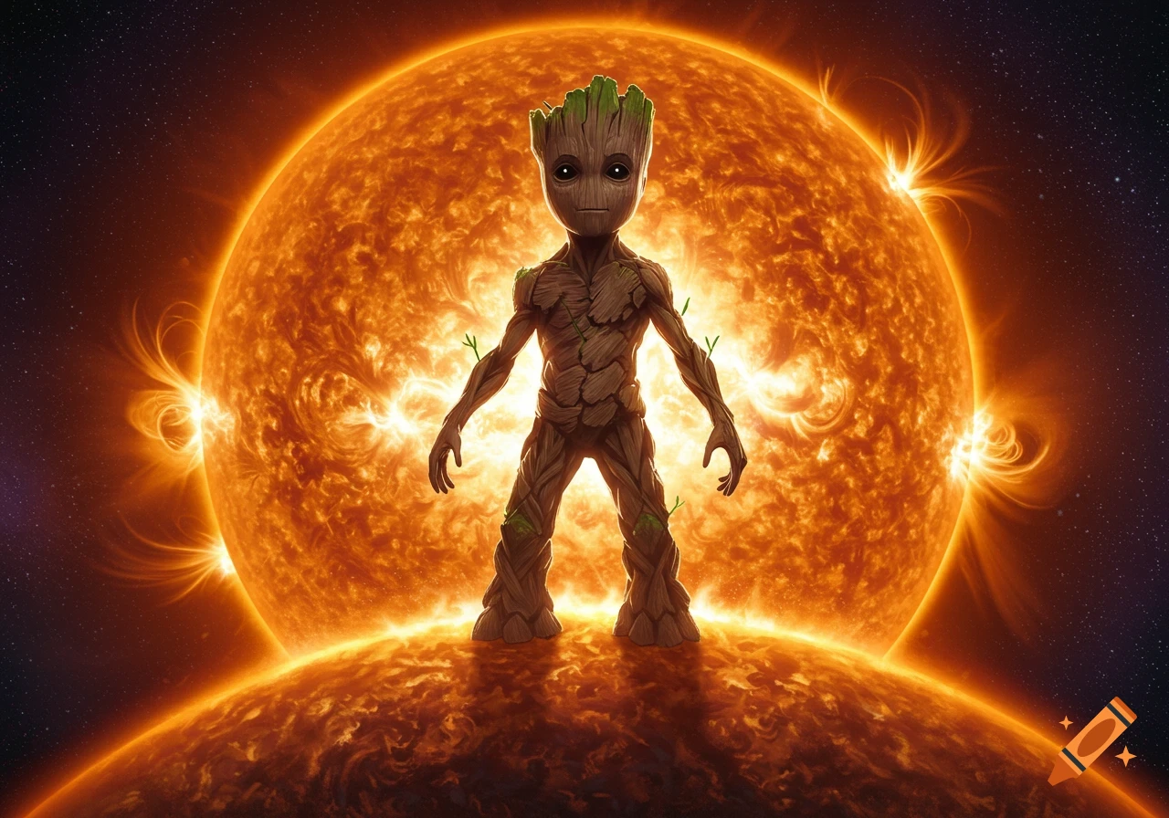 Baby Groot standing on the surface of the sun in space.