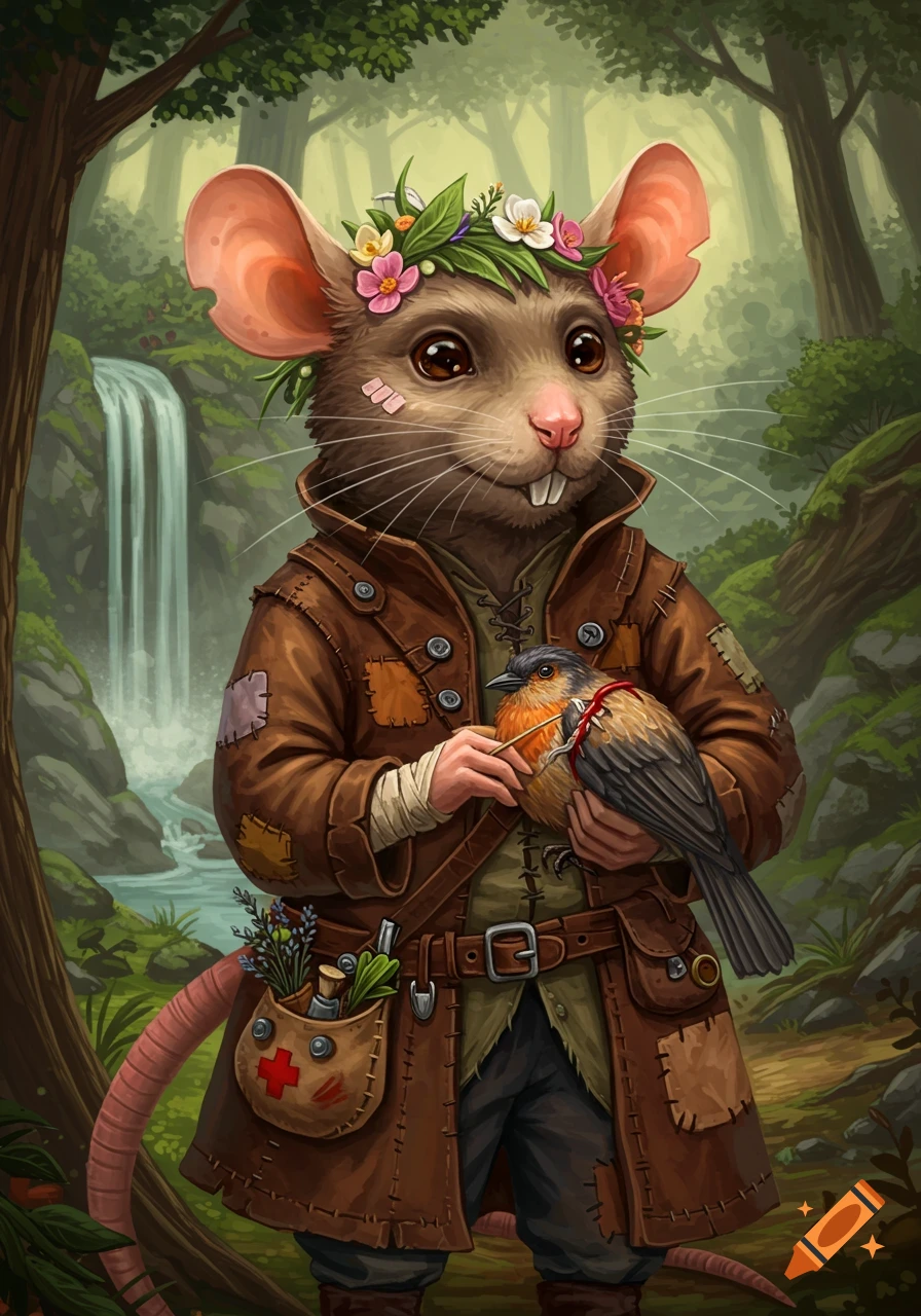 Anthropomorphic rat healer holding a bird in a forest with a waterfall.