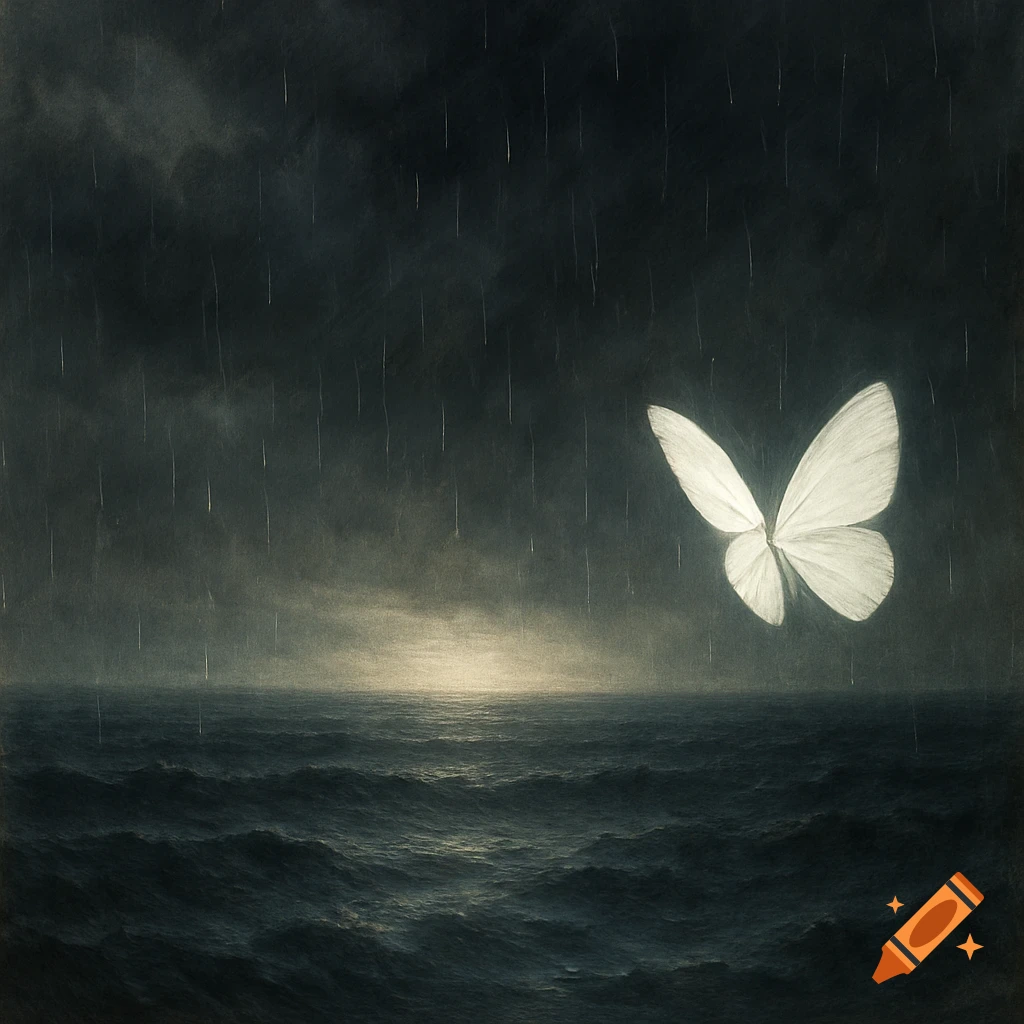 White butterfly over a stormy ocean with rain and horizon light.