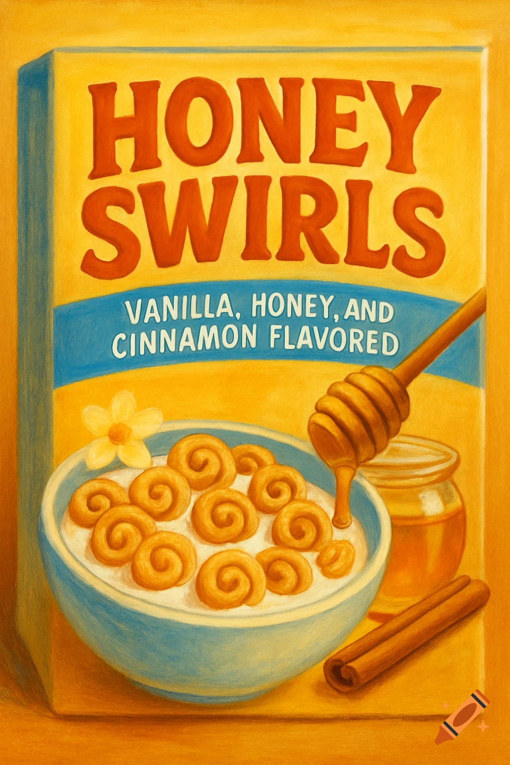 A Honey Swirls cereal box is displayed alongside a bowl of cereal, a honey dipper, a jar, and cinnamon sticks.