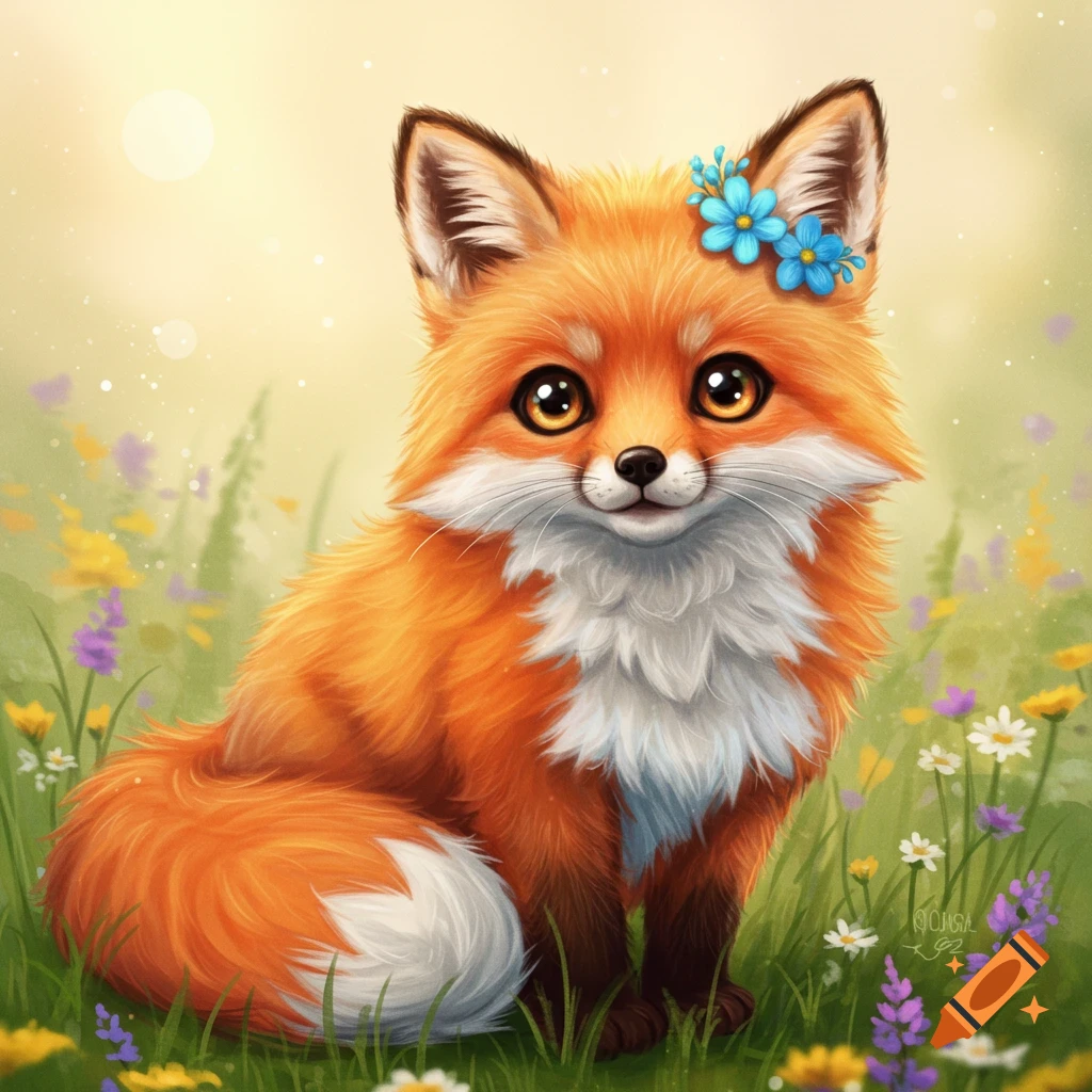 A cute fox with blue flowers on its head sits in a field of wildflowers. Digital painting.