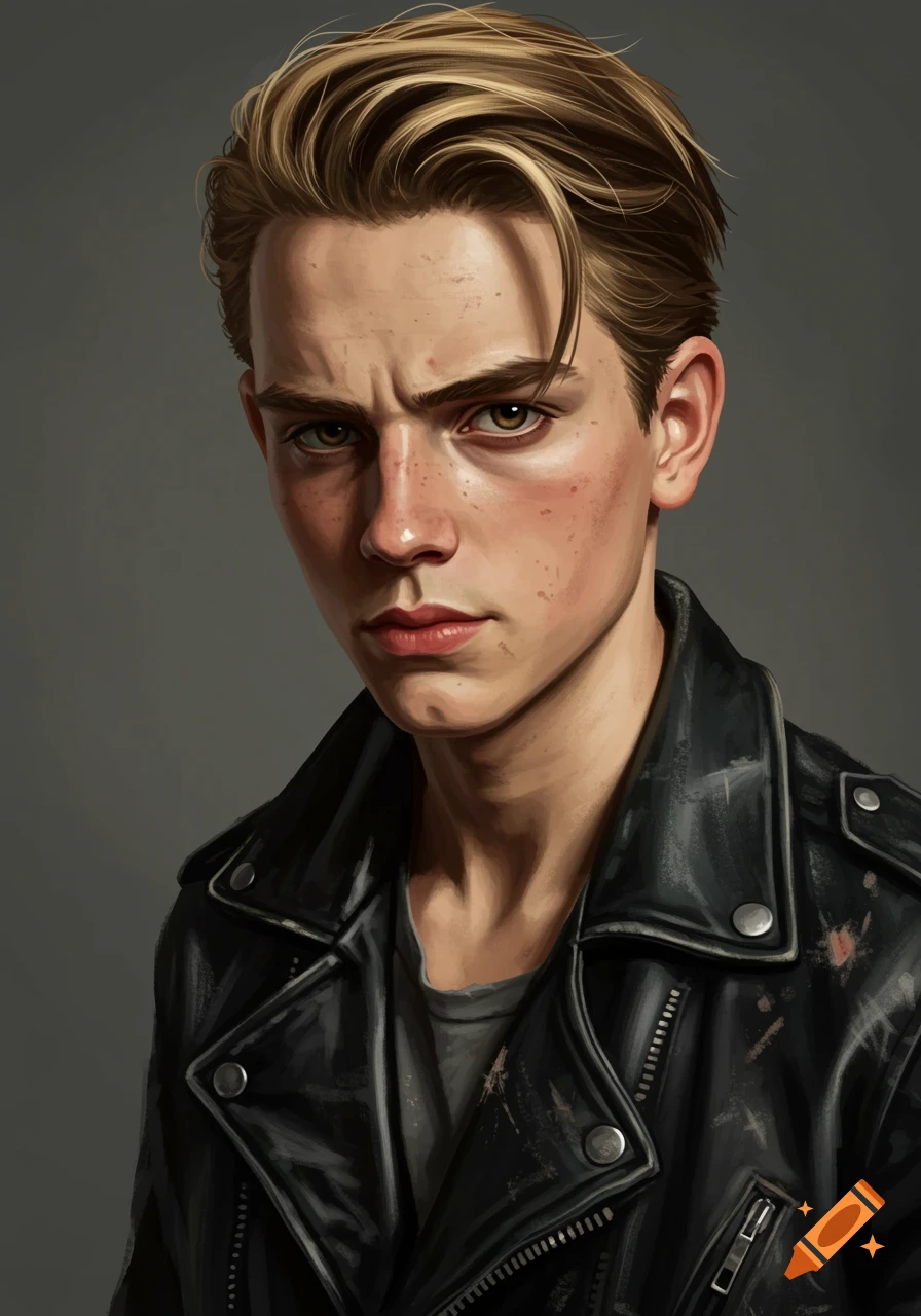 Portrait of a young man in a black leather jacket.