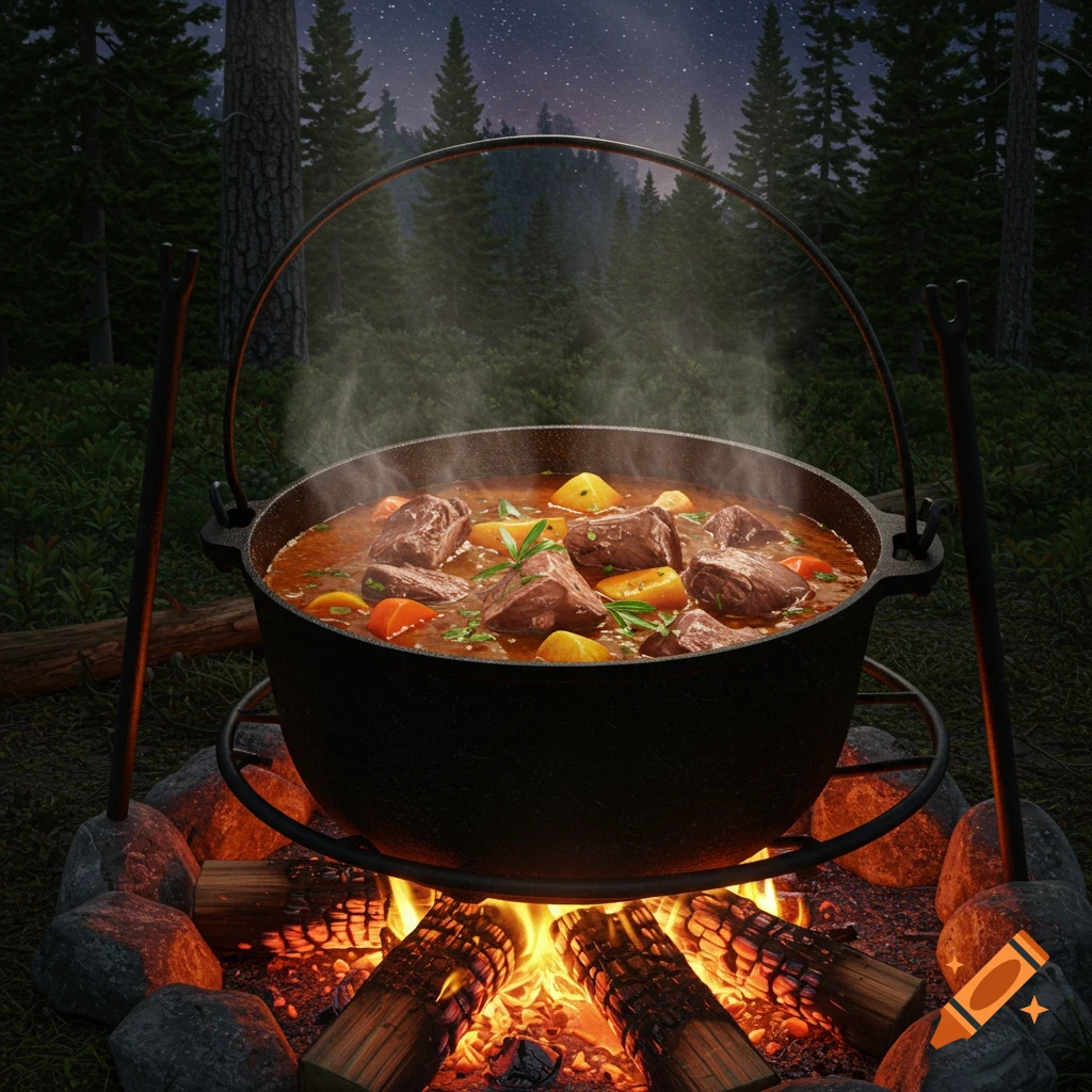 A pot of stew cooking over a campfire at night in a forest.