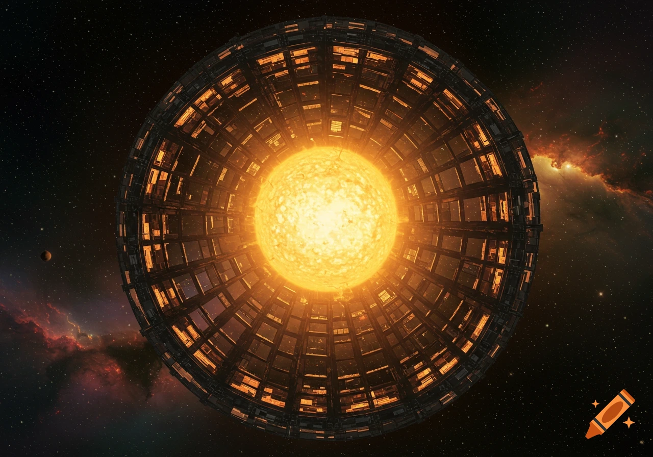A vast spherical structure encloses a star in the depths of space.