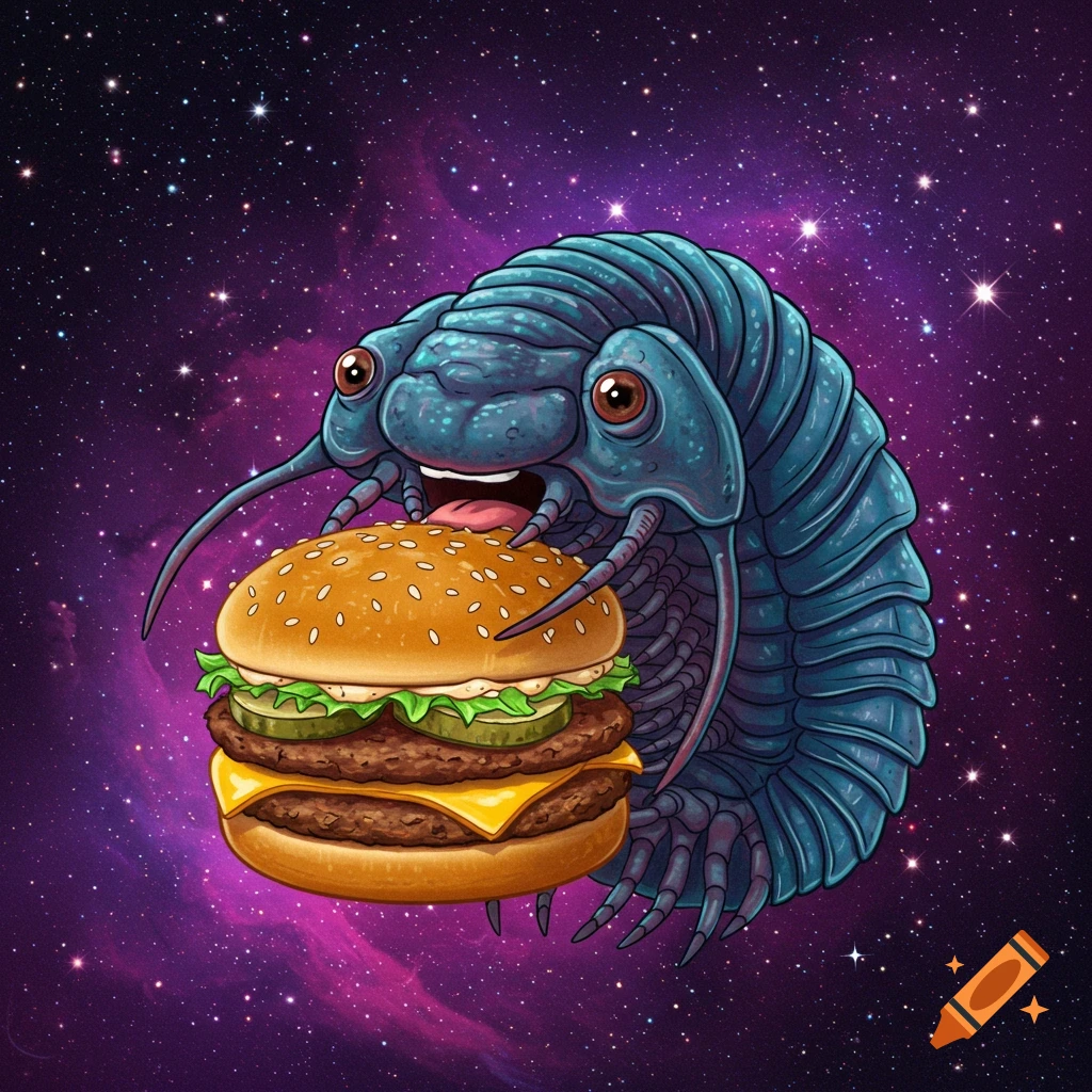 Cartoon trilobite holds and eats a double cheeseburger in space.