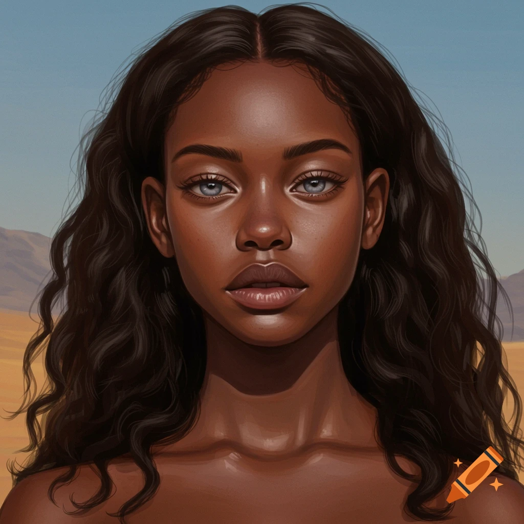 Portrait of a young woman with dark skin, wavy dark hair, and blue eyes in a desert setting.