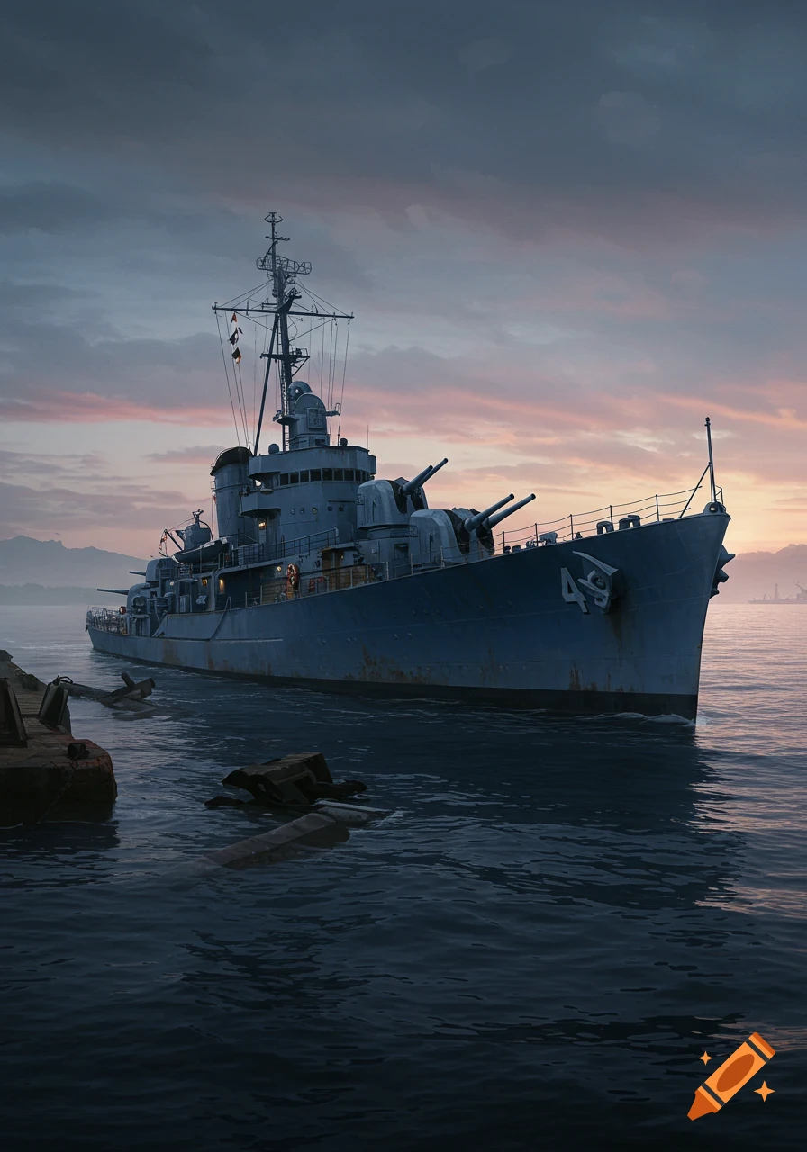 A grey warship with the number 49 on its bow, docked in a harbor at sunset.