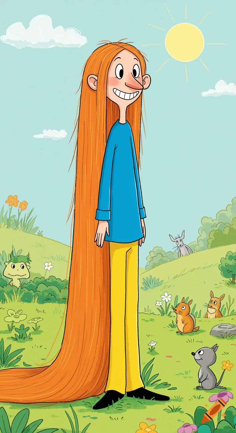 A tall cartoon character with long orange hair stands in a field with animals, in a children's book illustration style.