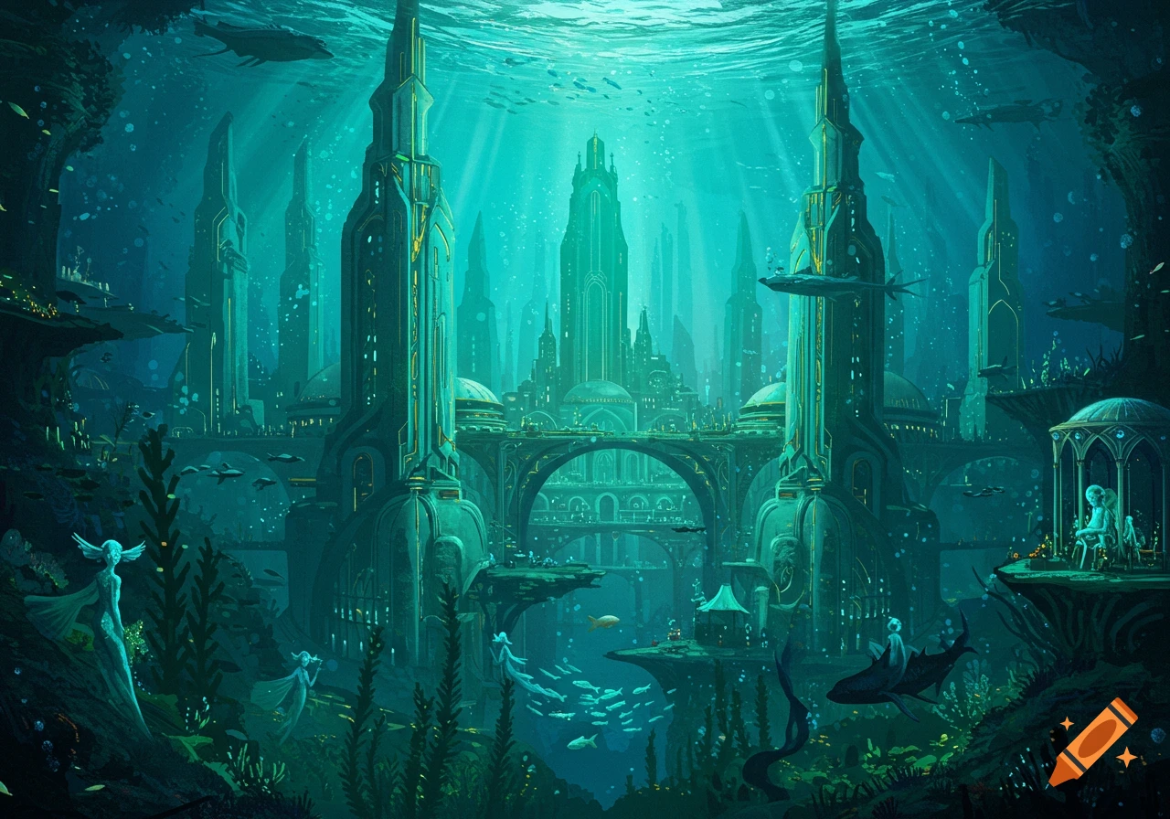 An art deco underwater city with tall towers, bridges, mythical figures, and fish.