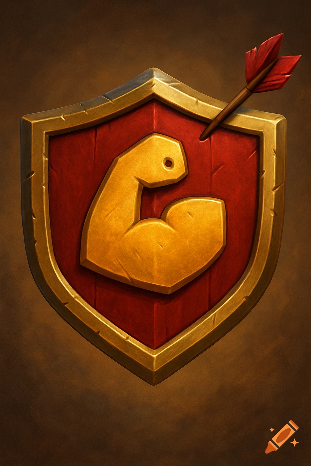 A fantasy shield with a golden bicep emblem and an arrow stuck in it.