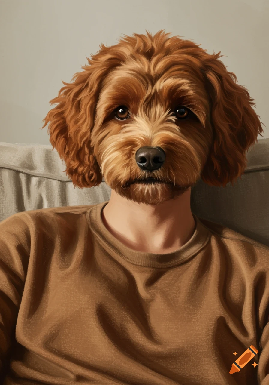 Realistic portrait of a person with a Labradoodle dog head sitting on a couch