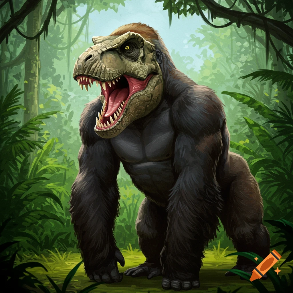 A creature with a T-rex head on a gorilla body standing in a jungle.