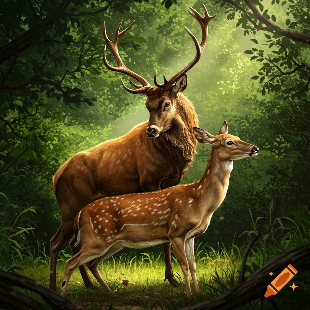 A stag with large antlers stands next to a female deer in a sunlit forest.