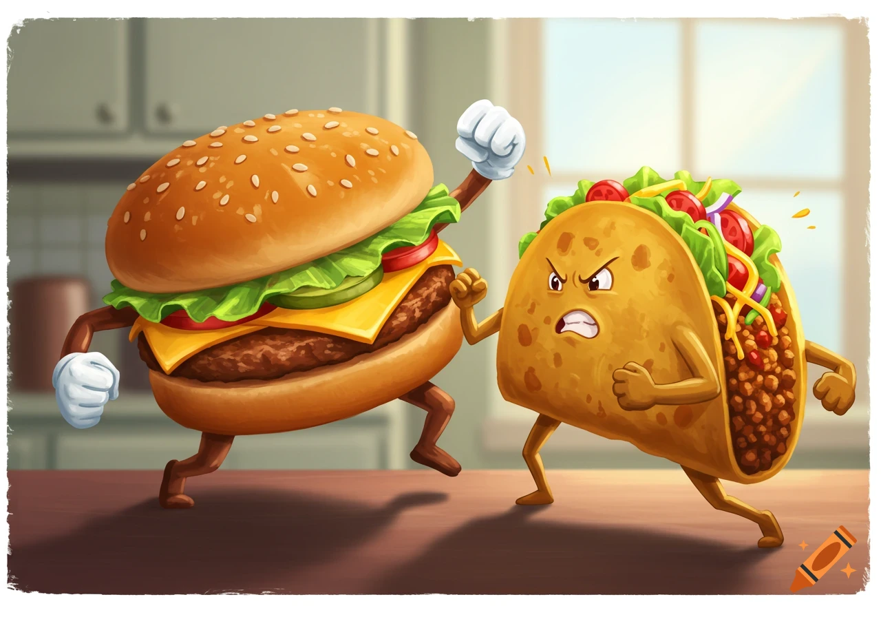 A cartoon cheeseburger with arms and legs fighting a cartoon taco with arms and legs.