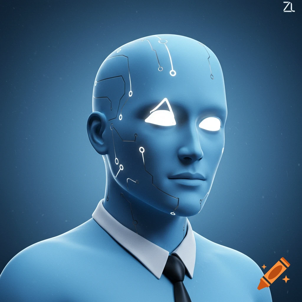 3D render of a light blue electronic head with circuit lines and glowing geometric eyes, wearing a shirt and tie