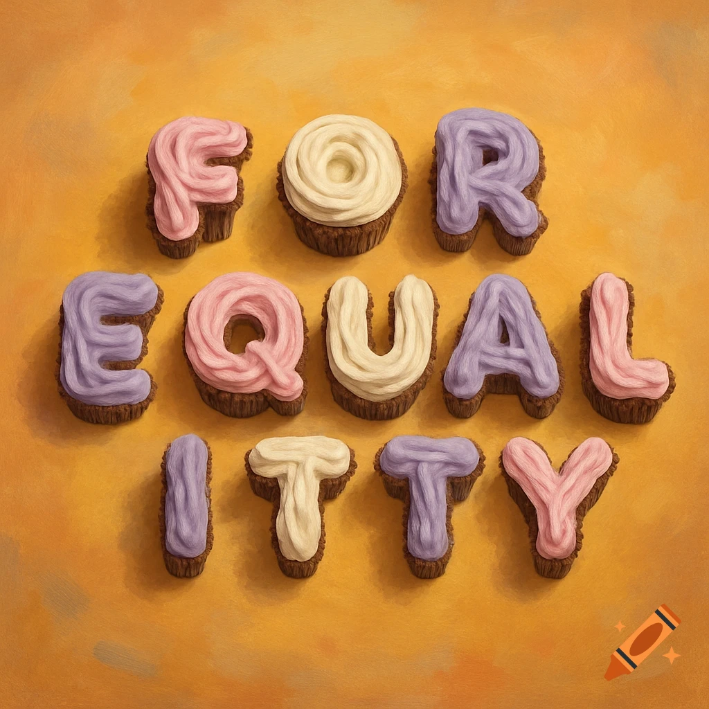 The words 'FOR EQUALITY' are spelled out with cupcakes frosted in pink, white, and purple.