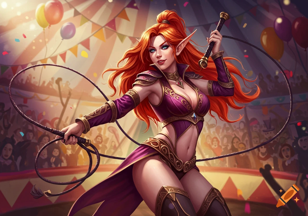 A red-haired female half-elf holds a whip within a vibrant circus tent adorned with balloons and confetti.