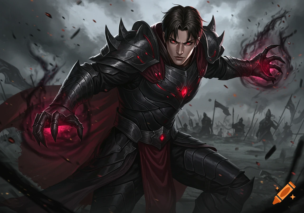 A man in black armor with red eyes and glowing hands stands on a battlefield.
