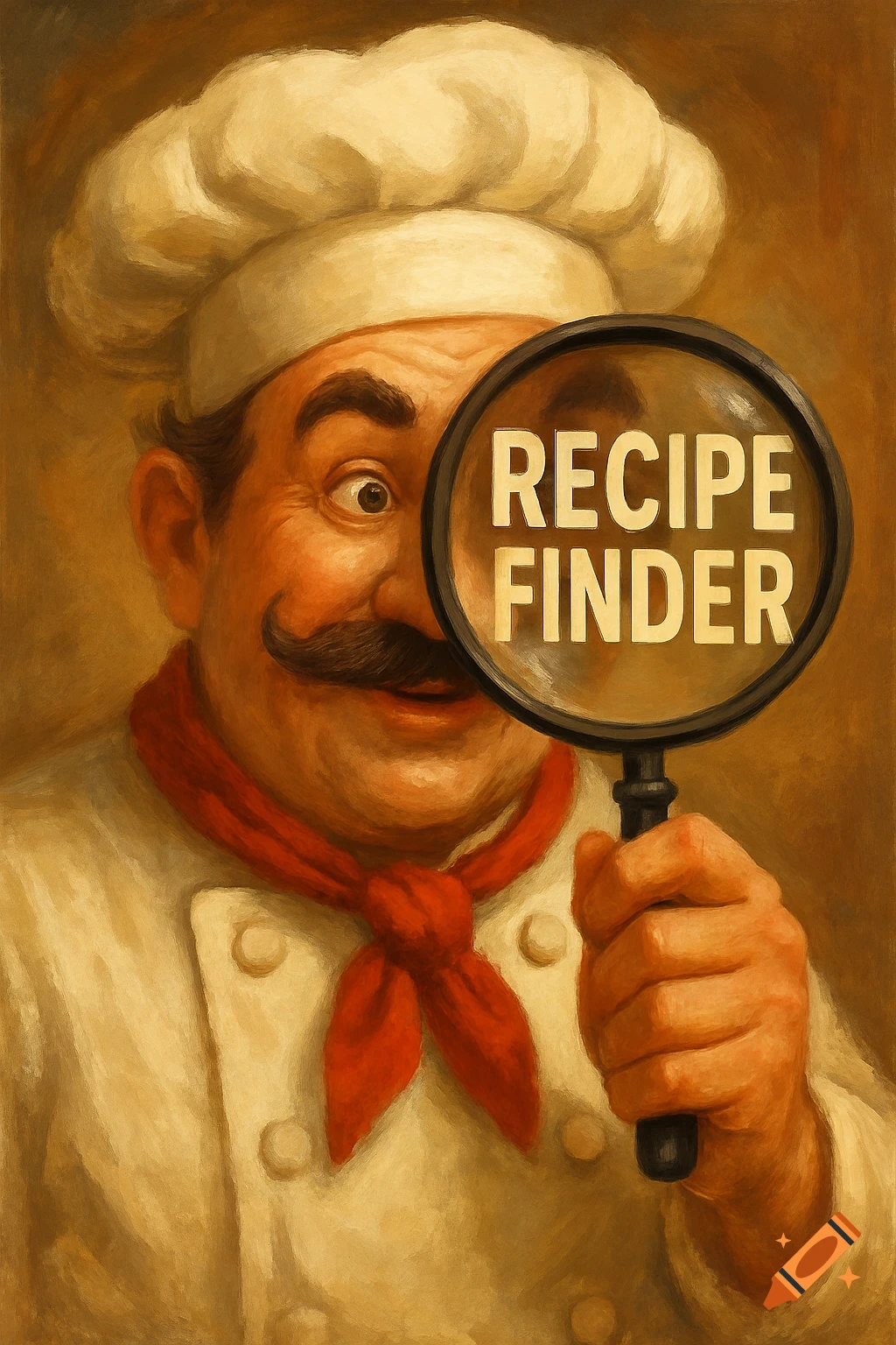 A chef holding a magnifying glass with the text 'RECIPE FINDER'.