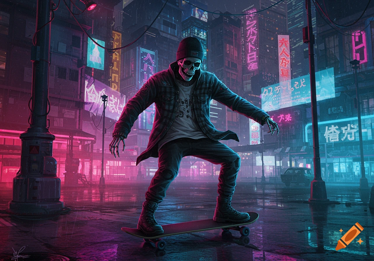 A skeleton wearing a beanie, flannel jacket, and boots skateboards down a street in a rainy cyberpunk city with neon signs.