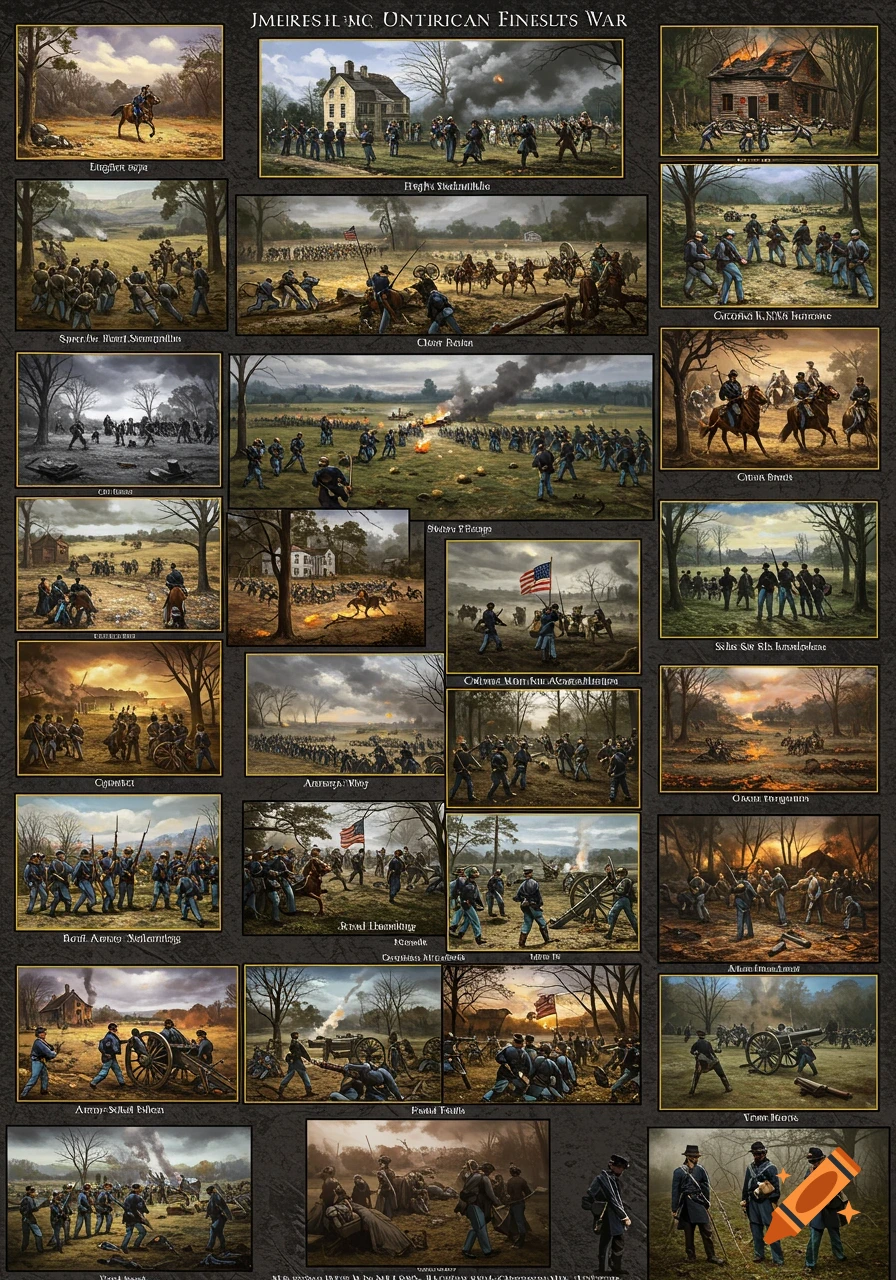 Collage of Civil War scenes showing battles and soldiers in a historical painting style.