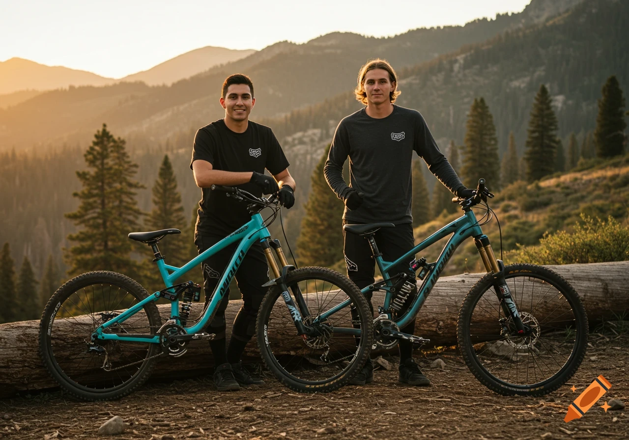 Two men with mountain bikes stand on a log in a mountain forest setting at sunset.