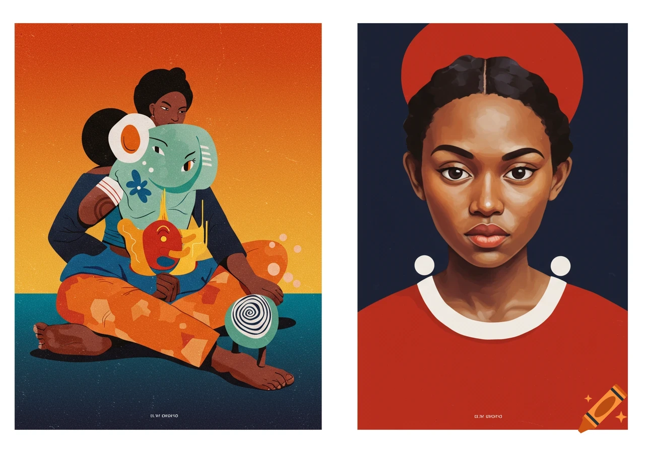 Two side-by-side digital illustrations. Left: A person seated, holding colorful masks. Right: A portrait of a person's head and shoulders.