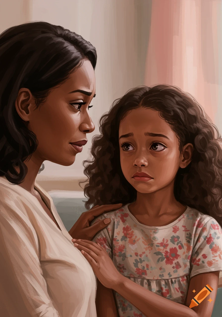 A painted image of a woman comforting a sad young girl.