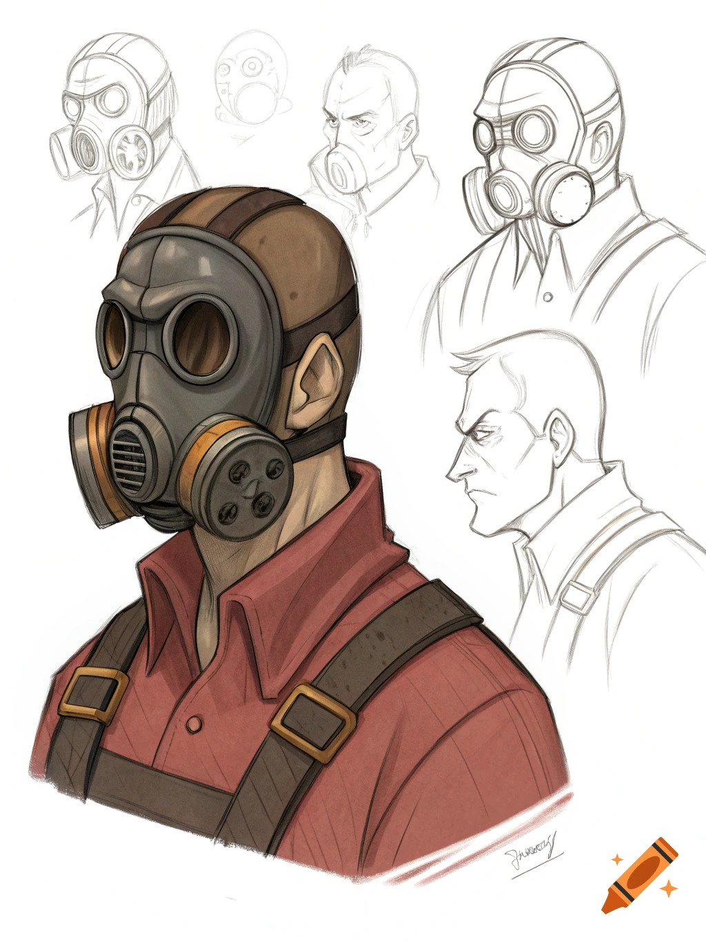 Concept art sketches of a character wearing a gas mask, including a colored profile view and line art studies.