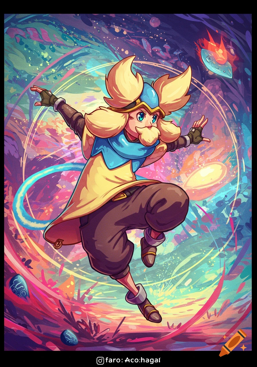 Stylized anthropomorphic character with blond hair and blue scarf leaping in colorful abstract space.
