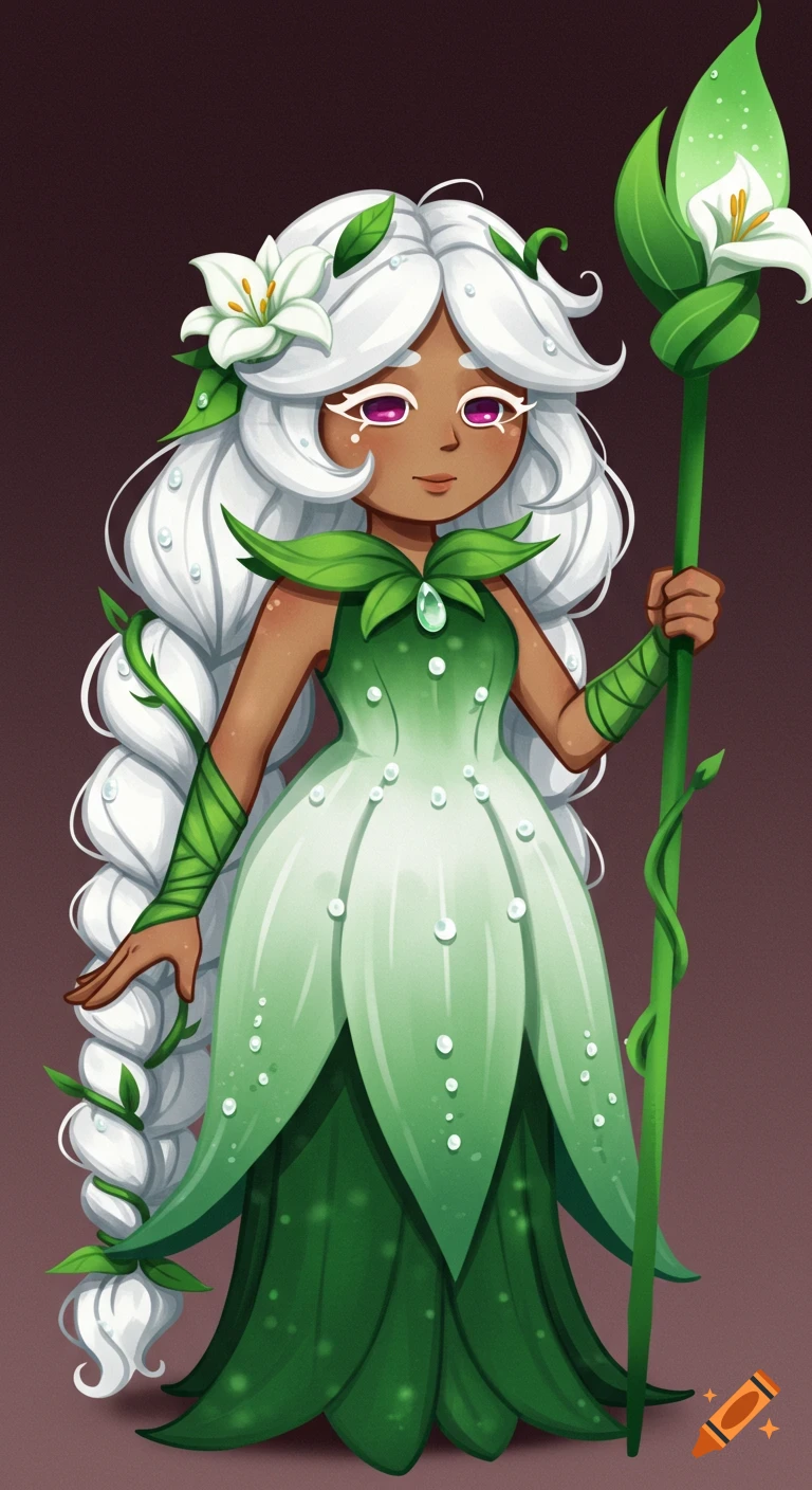 A fantasy character with white hair, a green leaf dress, and a lily staff.