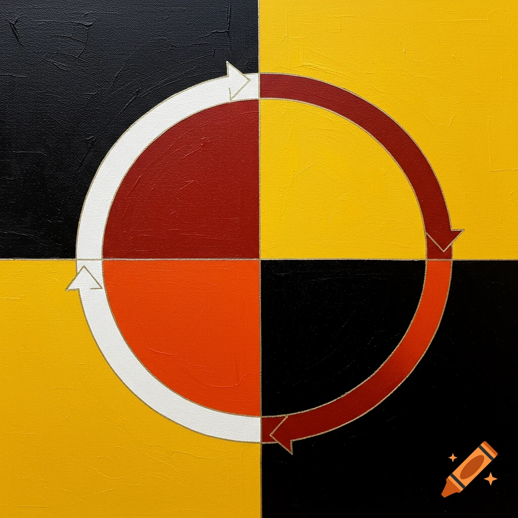 Geometric abstract art featuring a circle divided into red and orange sections with white and red arrows on a background of black and yellow squares.