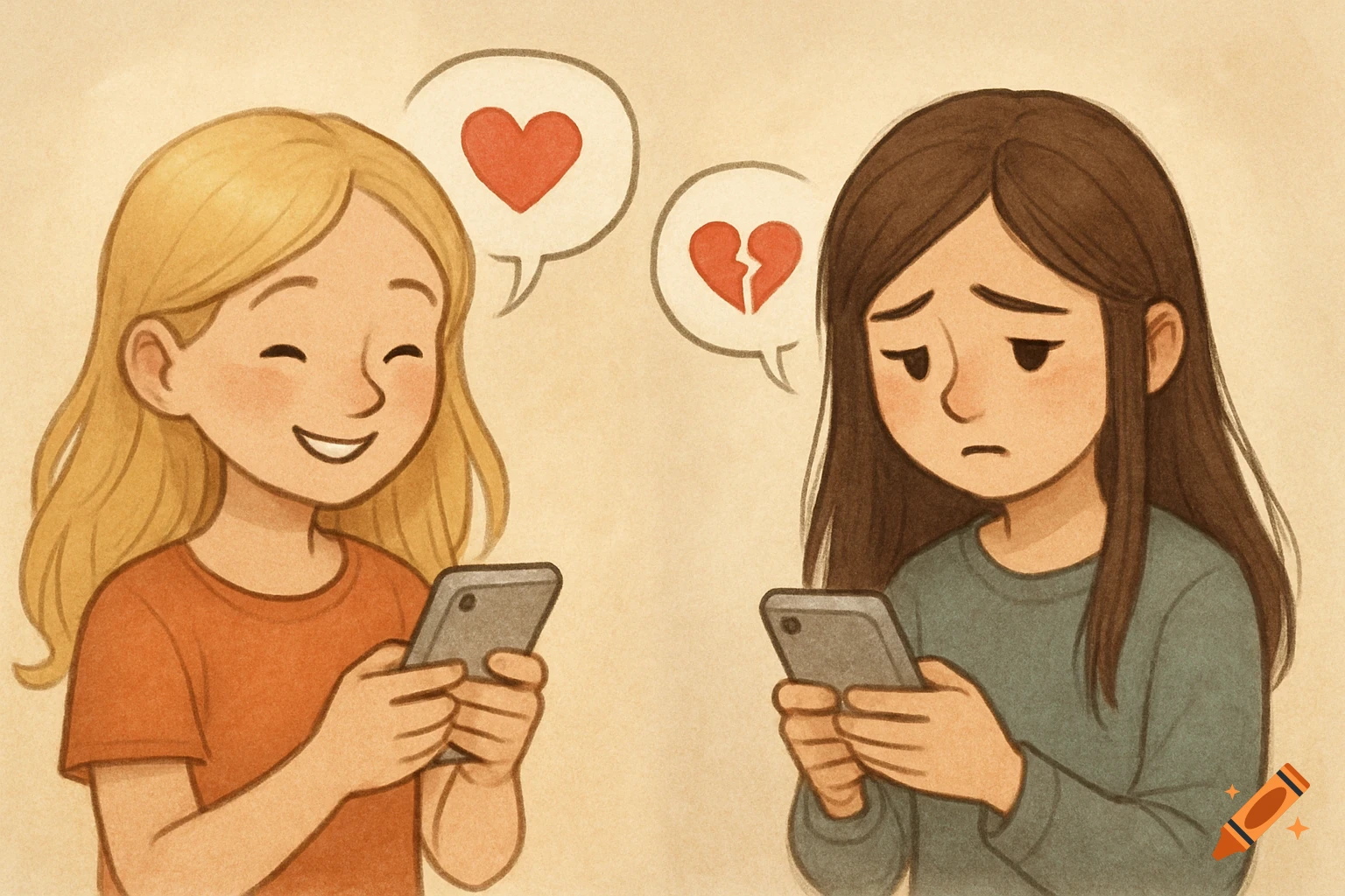 Cartoon illustration of a happy blonde girl texting with a heart bubble and a sad brunette girl texting with a broken heart bubble.