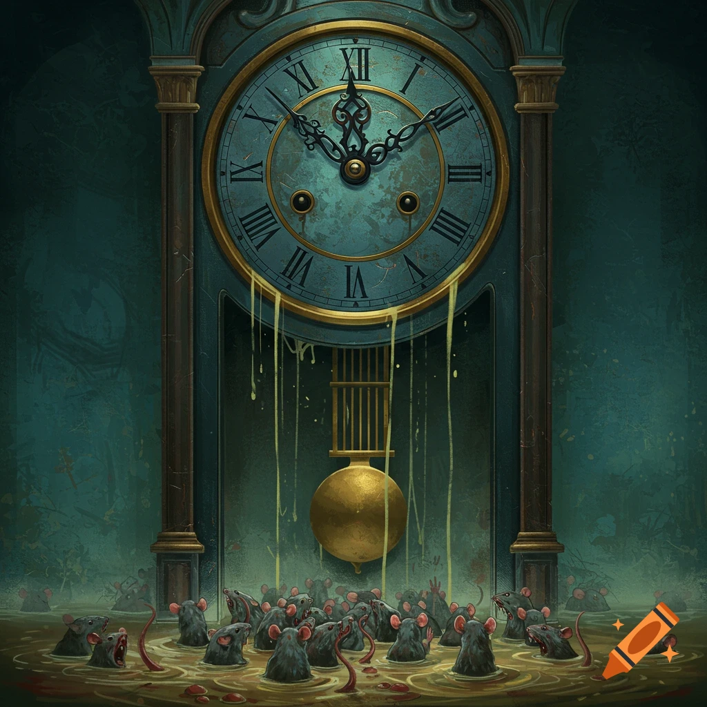 A dark illustration shows rats drowning in a puddle beneath a grandfather clock with dripping hands.