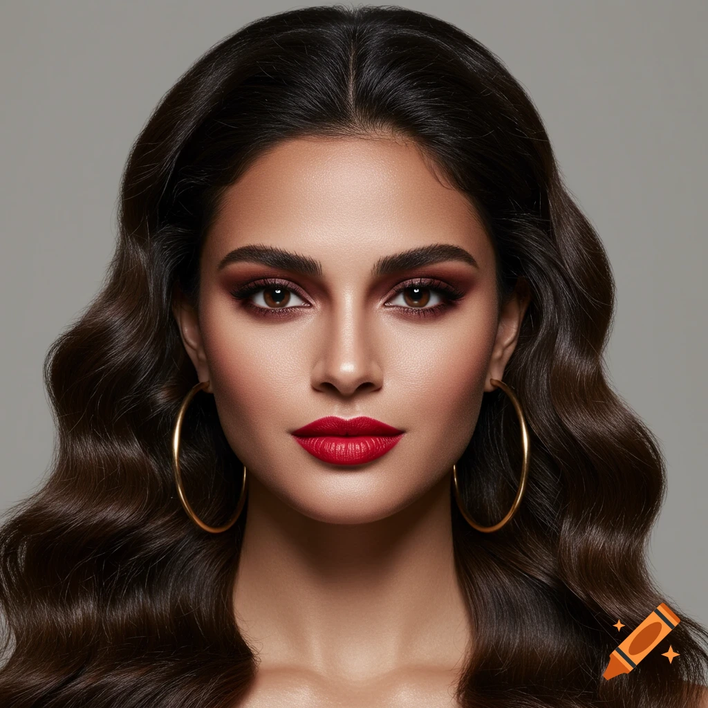 Close-up portrait of a woman with wavy dark hair, red lipstick, heavy eye makeup, and gold hoop earrings.