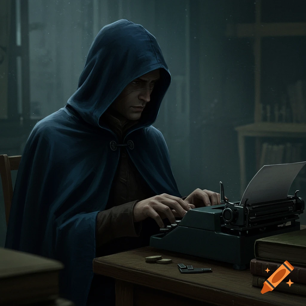 A mysterious person in a blue hood typing on a typewriter