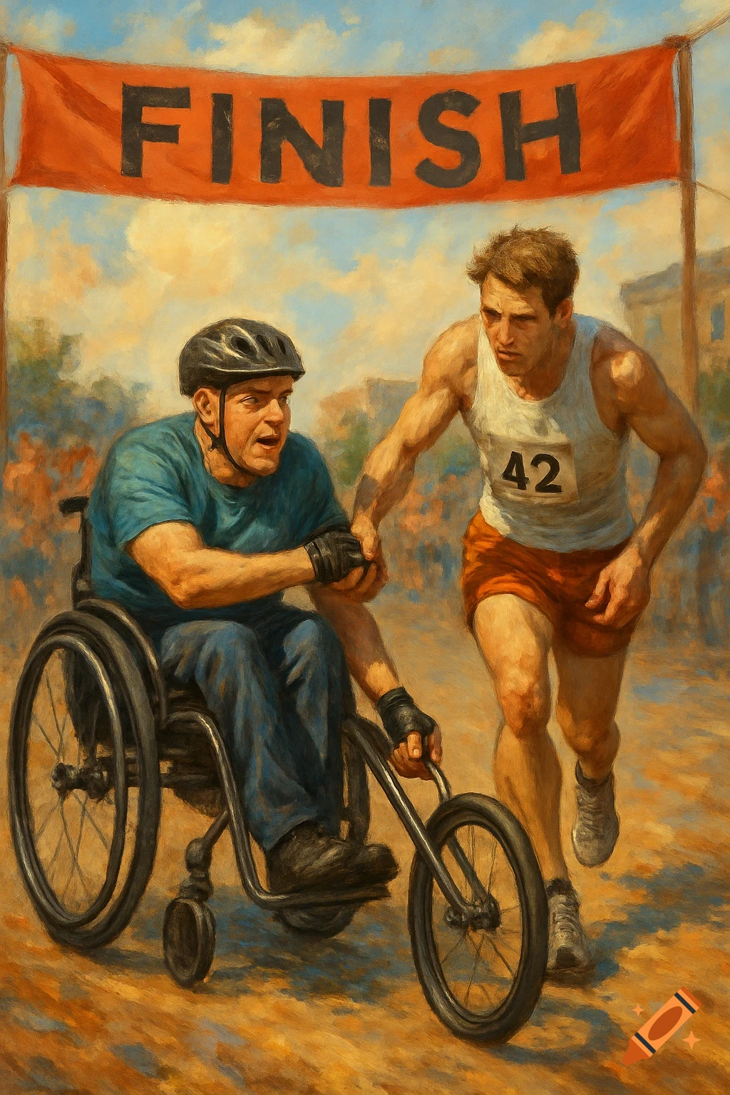Runner helps person in wheelchair cross a finish line banner reading 'FINISH' in a painting.