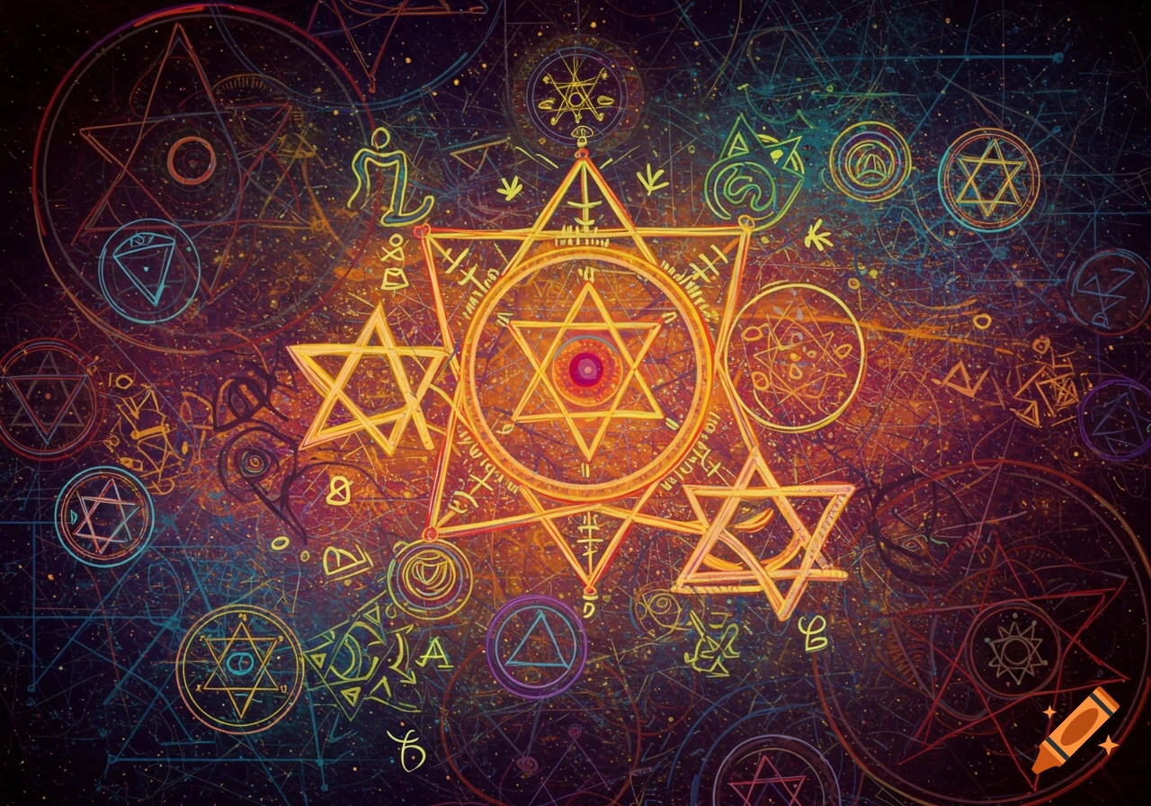 A collection of colorful esoteric and geometric symbols on a dark background.