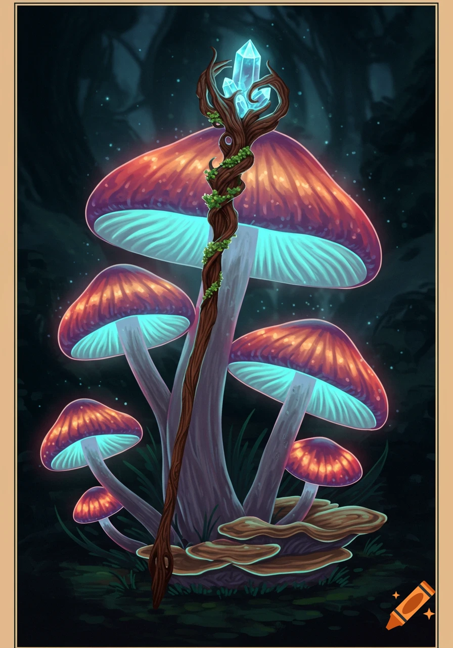 A glowing crystal staff leans against large, luminous mushrooms in a dark forest.