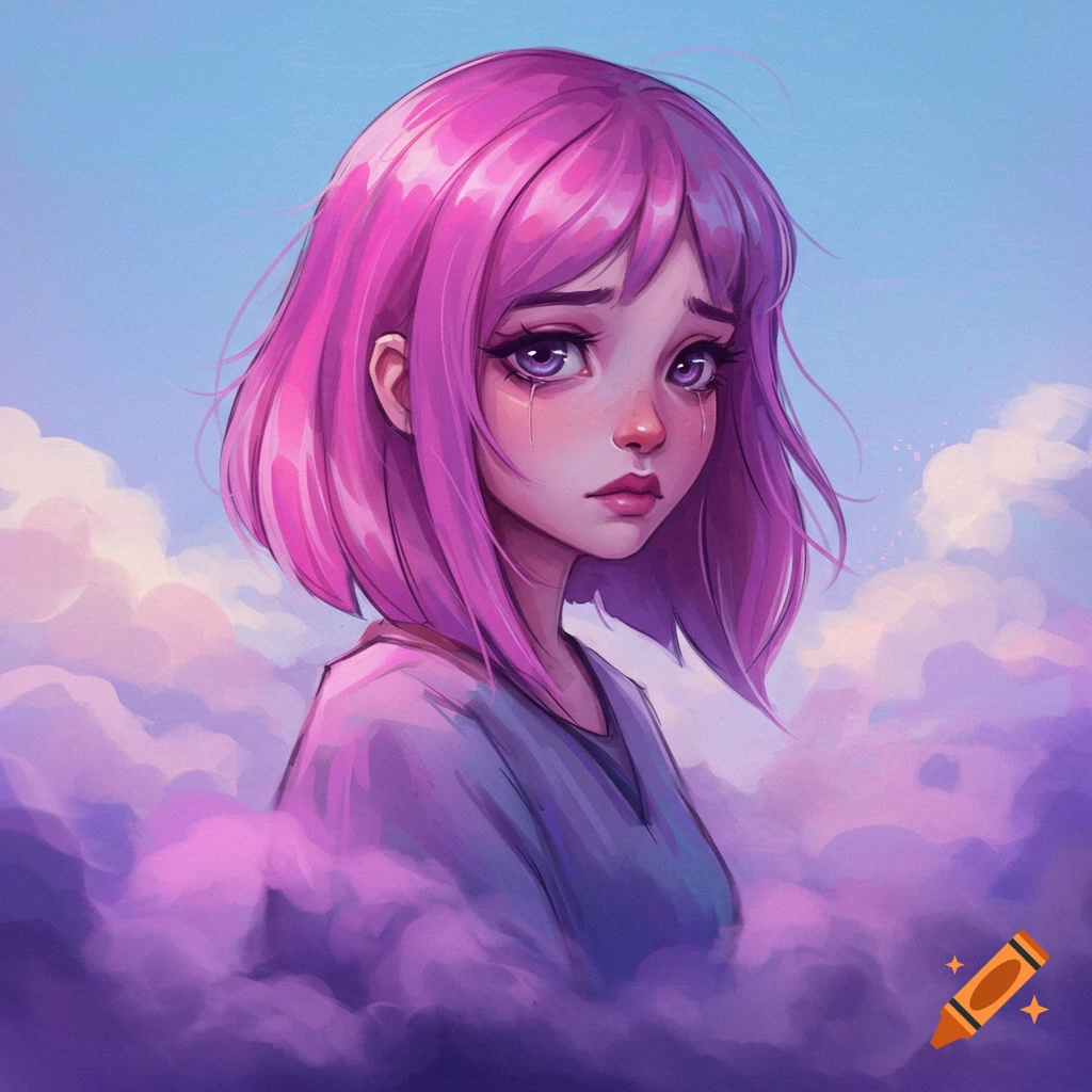 A sad girl with pink hair is among pink and purple clouds