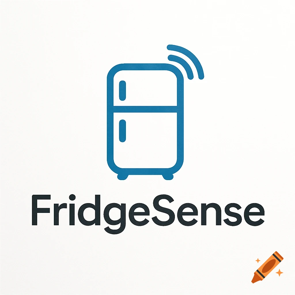 Logo for FridgeSense featuring a blue outlined refrigerator icon and text.