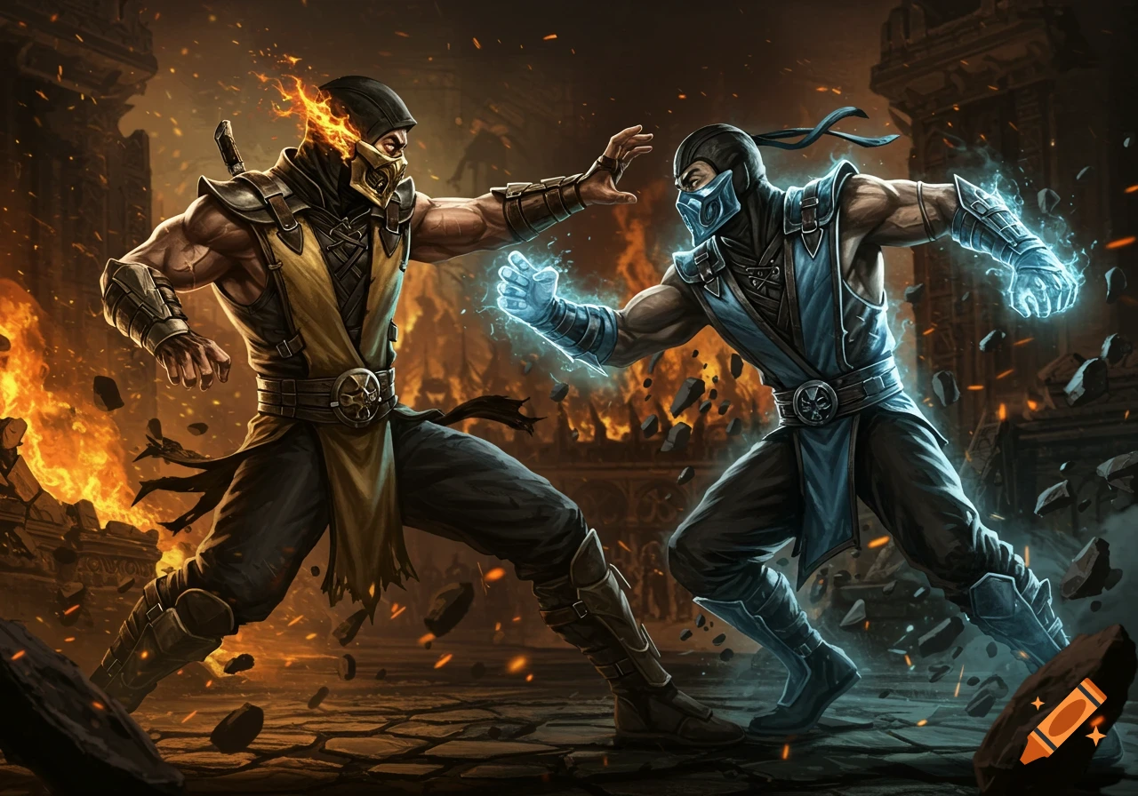 Scorpion and Sub-Zero fighting with fire and ice in a ruined environment.