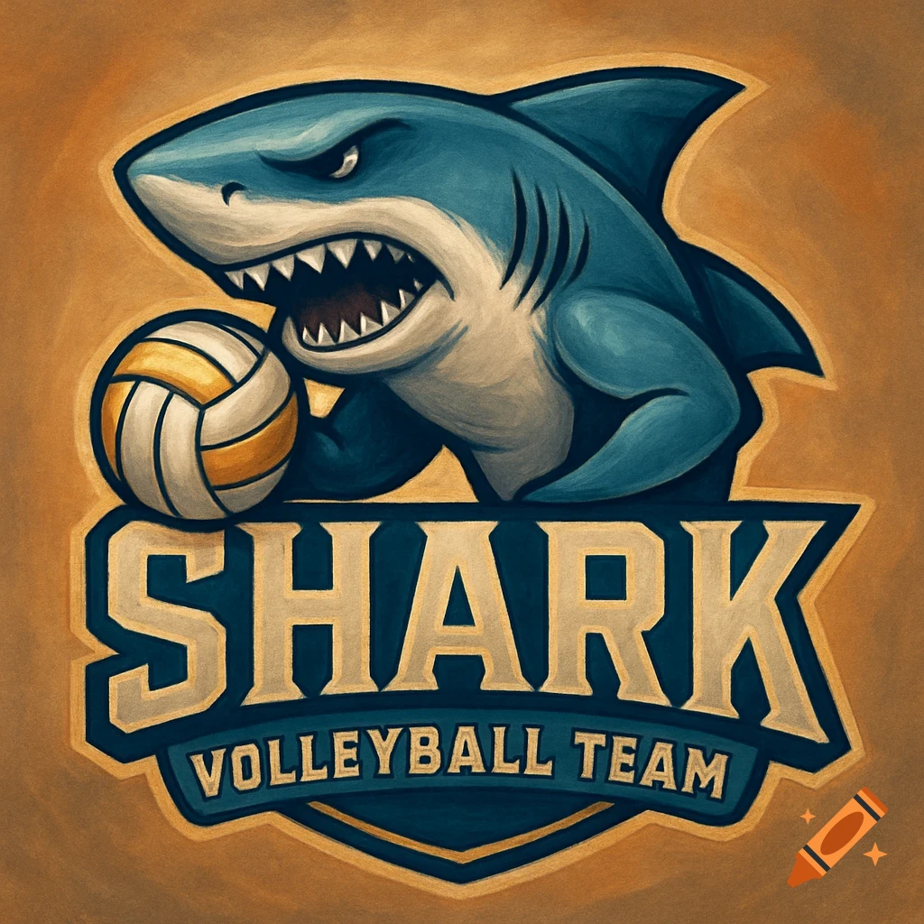 logo of a shark holding a volleyball with text SHARK VOLLEYBALL TEAM