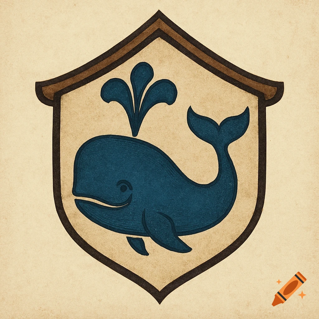 Stylized blue whale in a brown-bordered shield emblem.