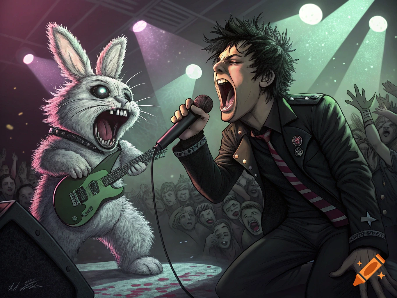 A furry rabbit plays a green guitar while a person sings into a microphone on stage in front of a crowd.