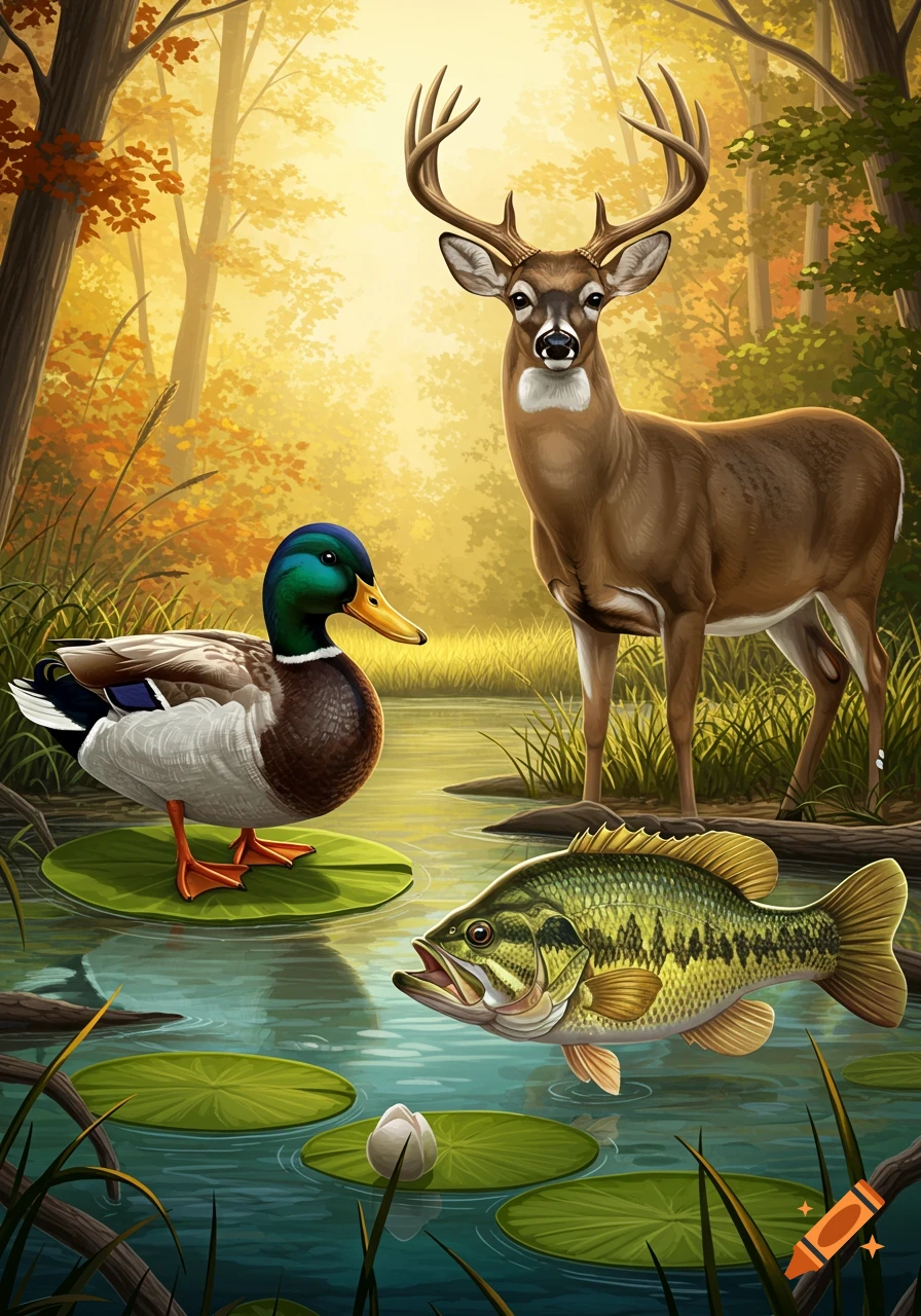 A mallard duck on a lily pad, a bass fish, and a deer stand in an autumn forest by a lake.