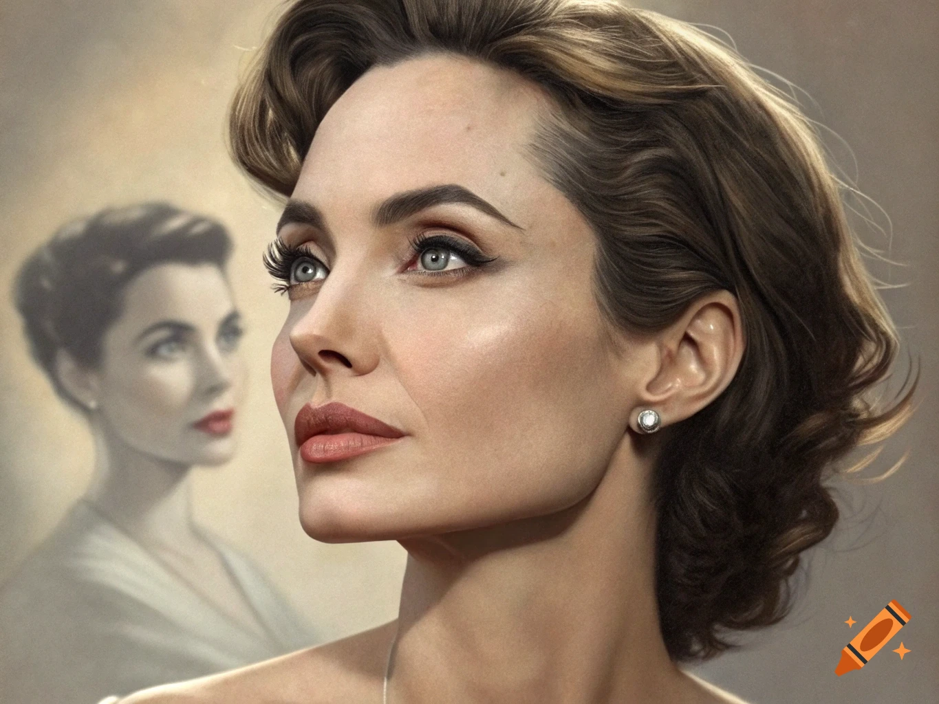 Portrait of a woman combining features of Angelina Jolie, Elizabeth Taylor, and Audrey Hepburn with a blurred figure in the background.
