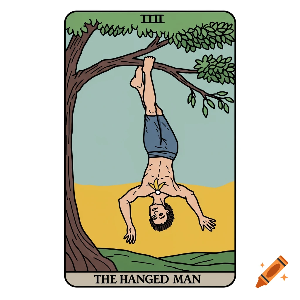 Illustration of The Hanged Man tarot card, depicting a figure hanging upside down from a tree branch. Styled with bold outlines and muted colors.