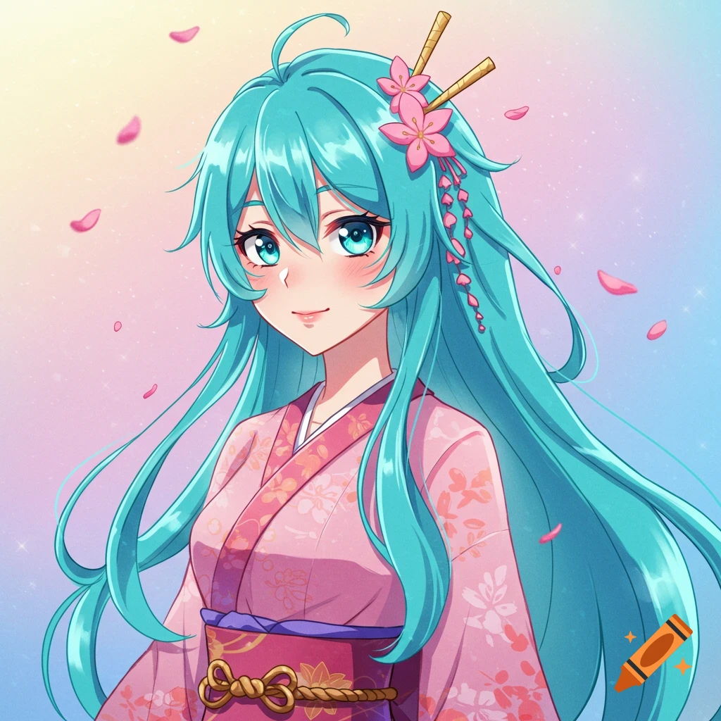 Anime portrait of a woman with blue hair wearing a pink kimono with cherry blossoms
